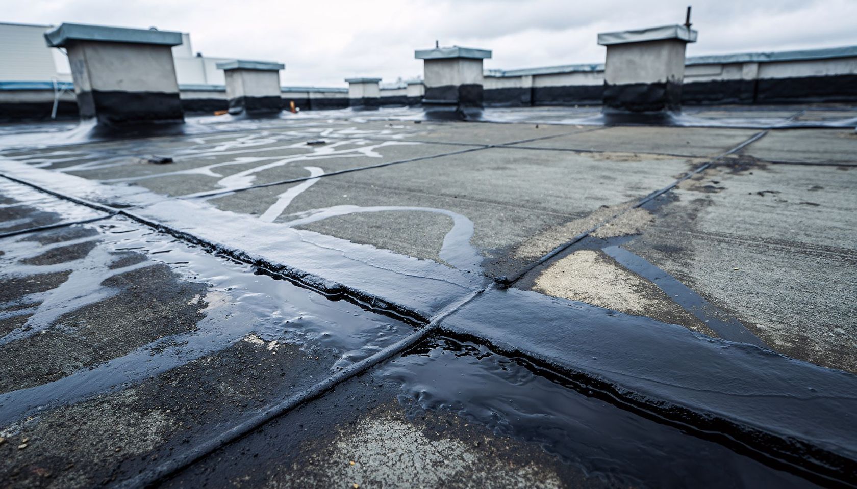 Toit mouillé avec des flaques d'eau et de multiples bouches d'aération sous un ciel nuageux