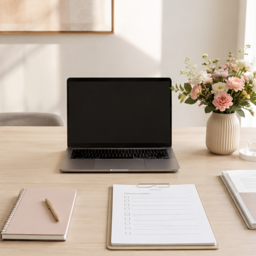 Ein sonnenbeschienener Schreibtisch, übersät mit Papieren, Notizbüchern, einem Laptop, Tassen und Stiften 
