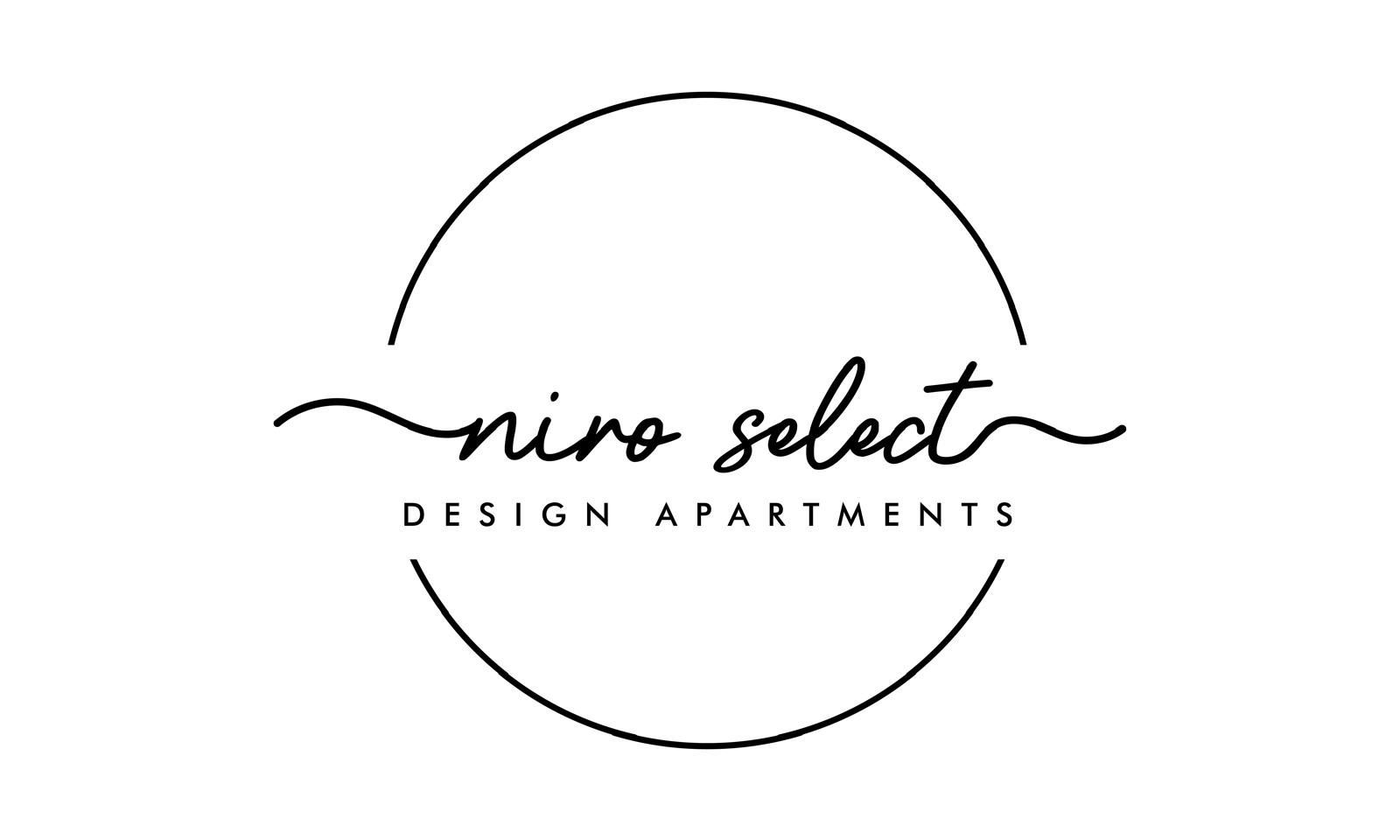 Logo von Nino Select Design Apartments mit dünner kreisförmiger Kontur und kursiver schwarzer Schrift