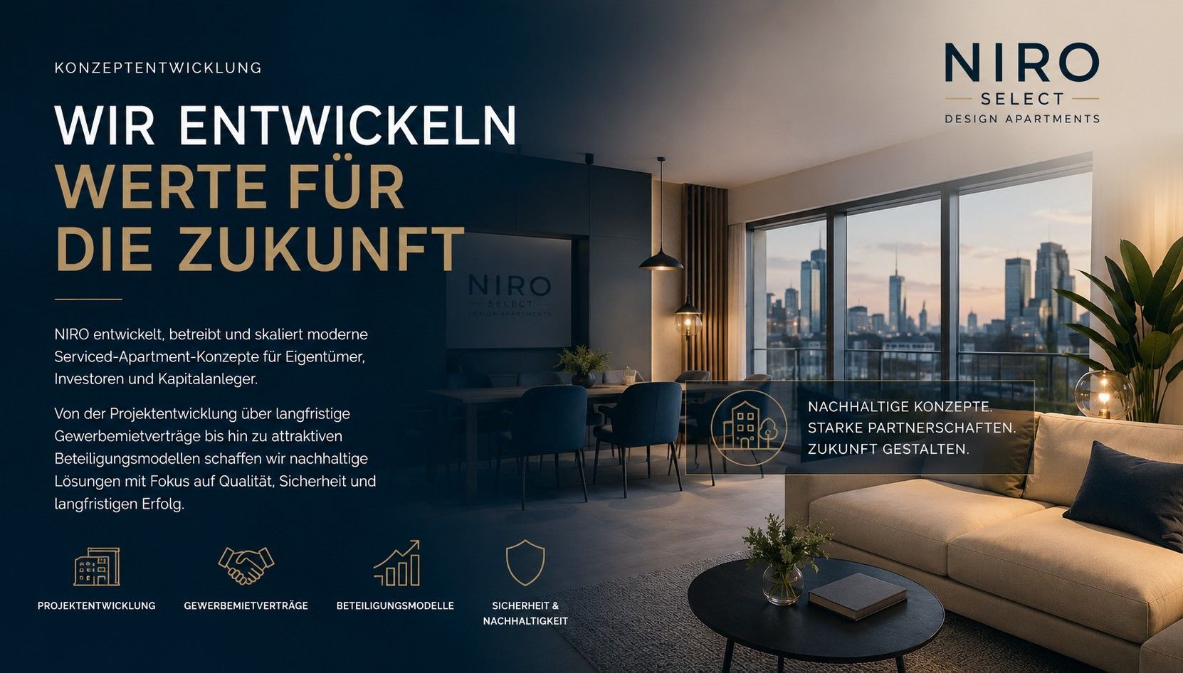 German real estate ad with modern apartment interior, city view, and headline “Wir entwickeln Werte für die Zukunft”