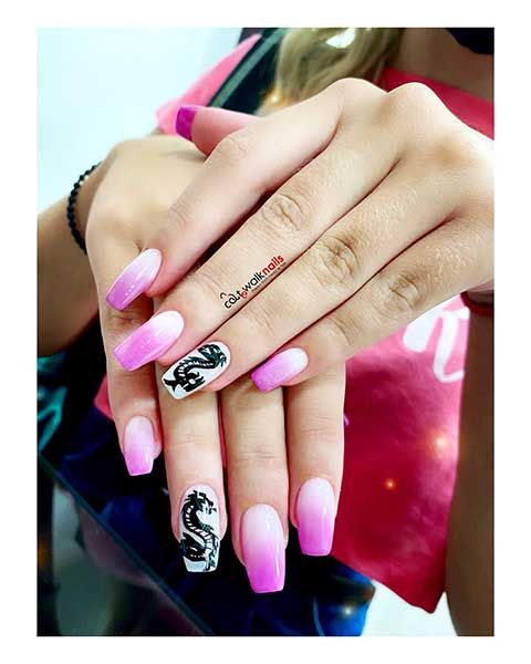 Μανικιούρ Γαλλικό Ombre Ροζ με σχέδιο 