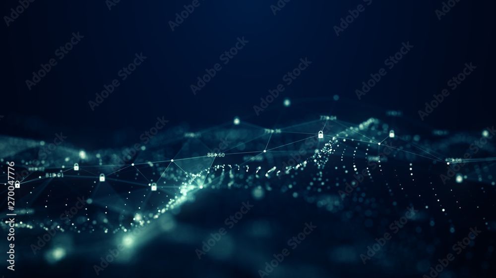 Abstraktes digitales Netzwerk mit leuchtend blauen Punkten und Verbindungslinien, das einer Datenflusslandschaft ähnelt.