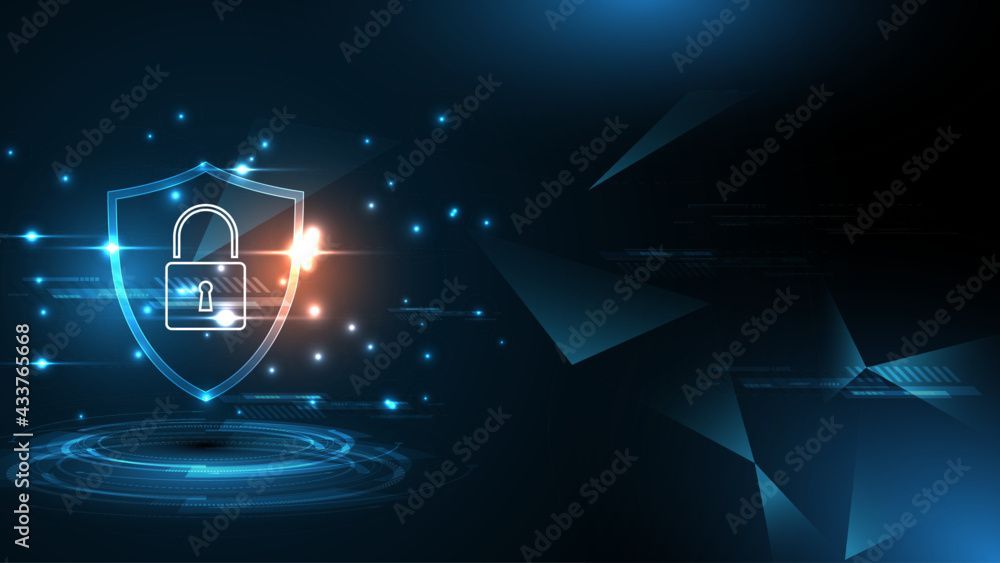 Blaues digitales Sicherheitsschild mit einem Vorhängeschloss, umgeben von leuchtenden Lichtern und geometrischen Formen.