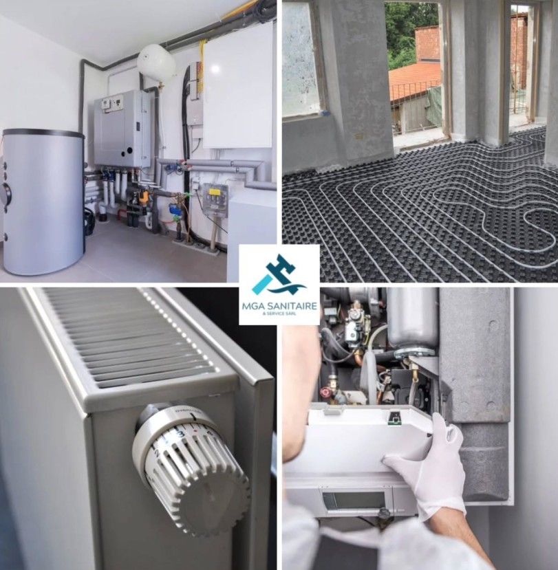 Collage : Systèmes de chauffage. Chaufferie, chauffage au sol, détail d’un radiateur, technicien avec une chaudière.