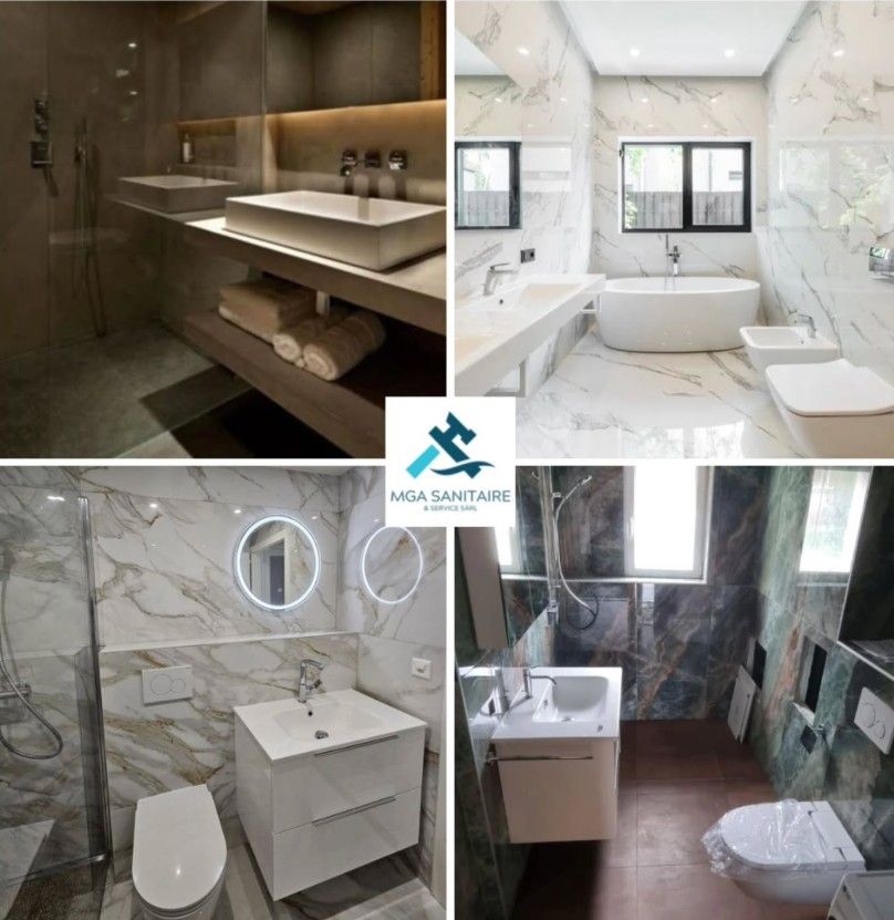 Quatre salles de bains modernes présentant des carreaux de marbre, des lavabos et des toilettes.