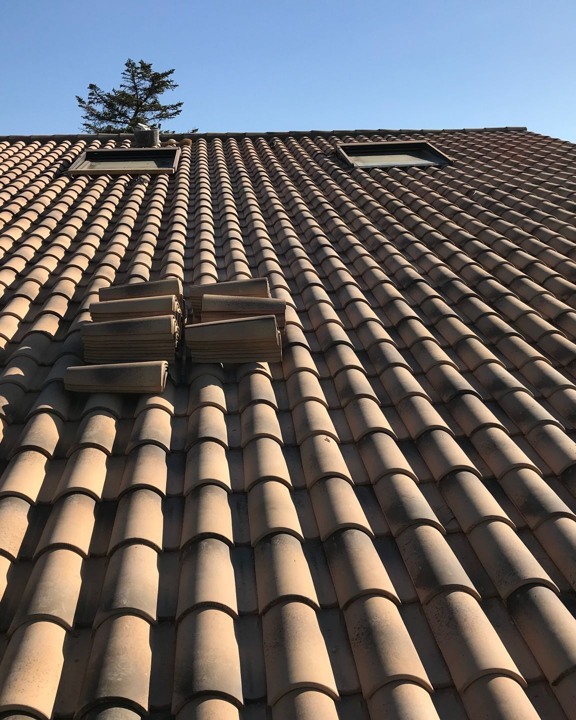Toit en tuiles d'argile avec marches sur le toit, un petit arbre et deux puits de lumière sous un ciel bleu clair.