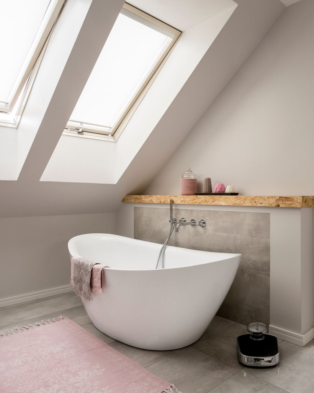 Salle de bains avec baignoire ovale blanche sous puits de lumière, tapis rose et rebord en bois.