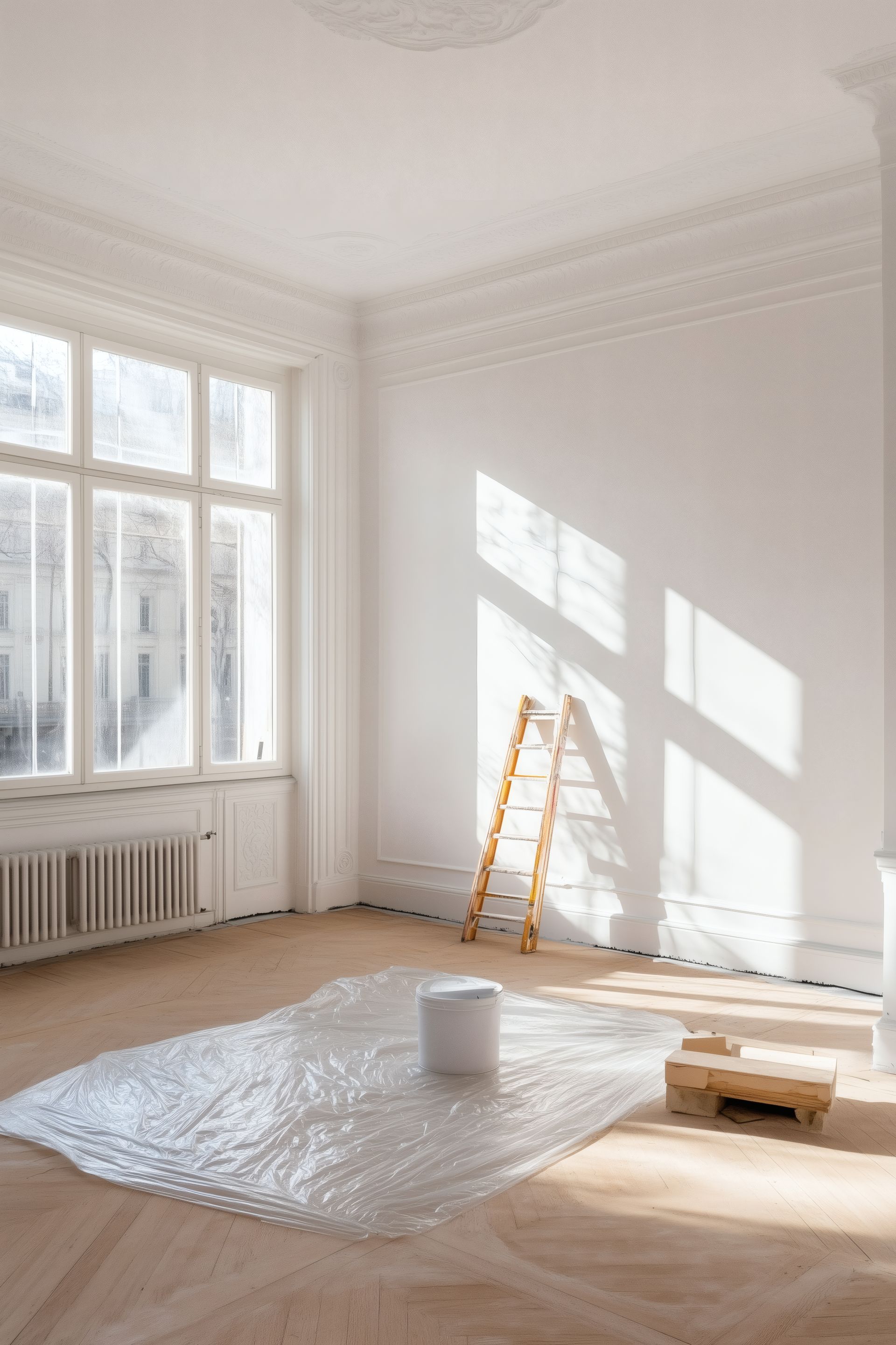 Pièce vide avec murs blancs, échelle, pot de peinture et papier bulle au sol ; lumière naturelle.