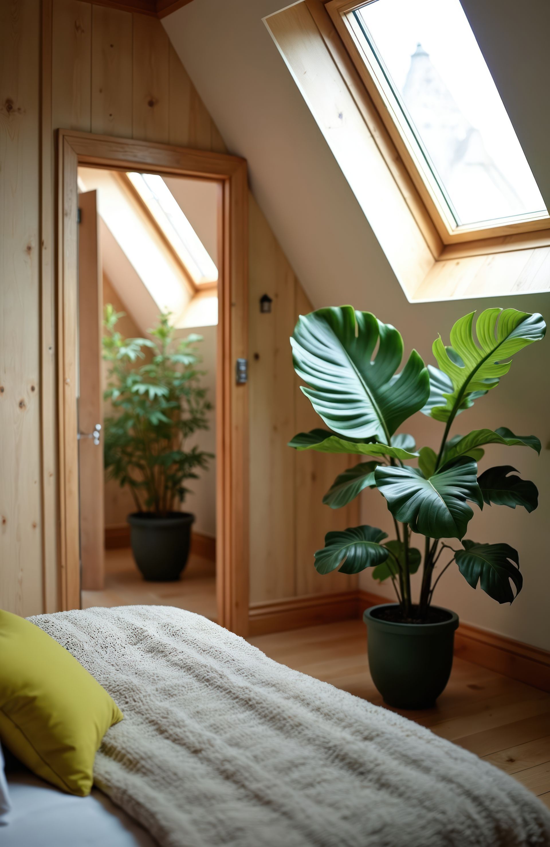 Chambre avec une grande plante en pot, puits de lumière et porte ouverte vers une autre pièce avec une plante en pot.