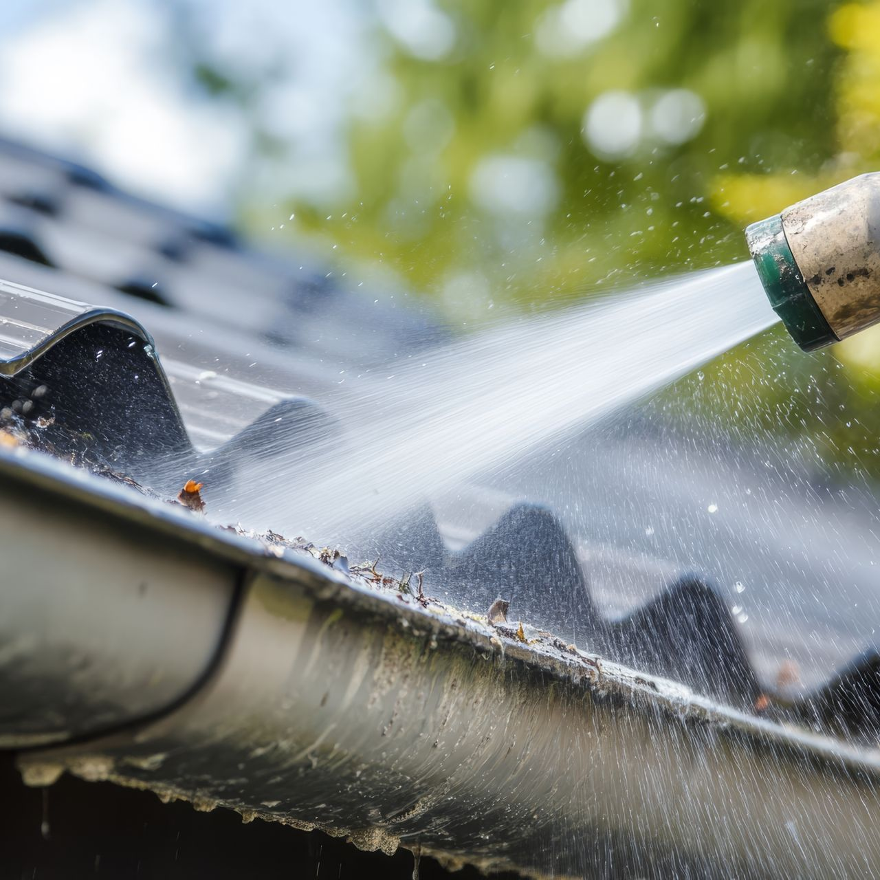 Nettoyage d'une gouttière sur un toit avec un tuyau, en pulvérisant de l'eau pour éliminer les débris.