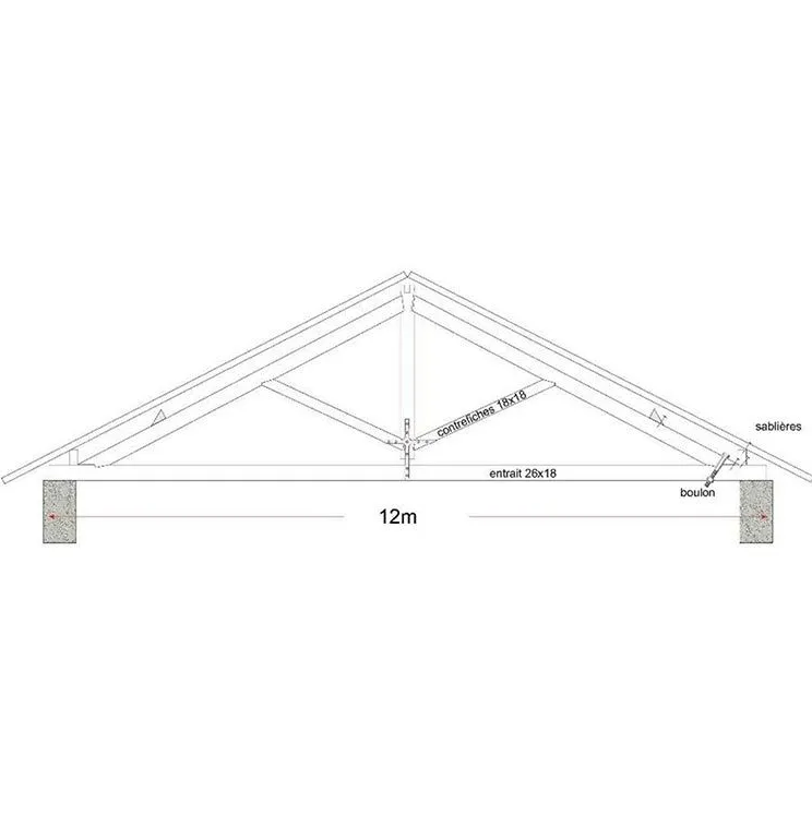 Schéma d'une ferme de toit, montrant une portée de 12 m avec des poutres de support et des chevrons étiquetés.