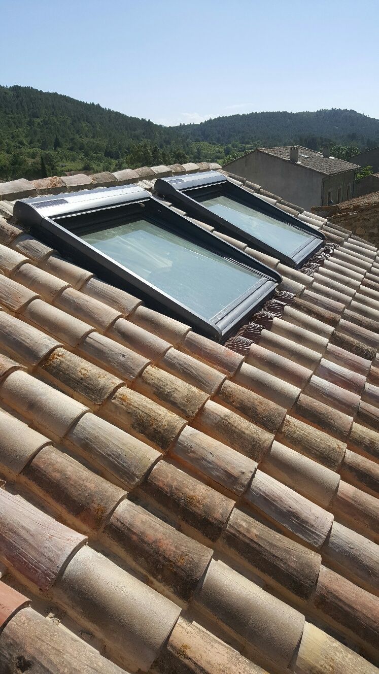 Deux puits de lumière à cadre noir sur un toit en tuiles d'argile, avec en toile de fond des collines verdoyantes.