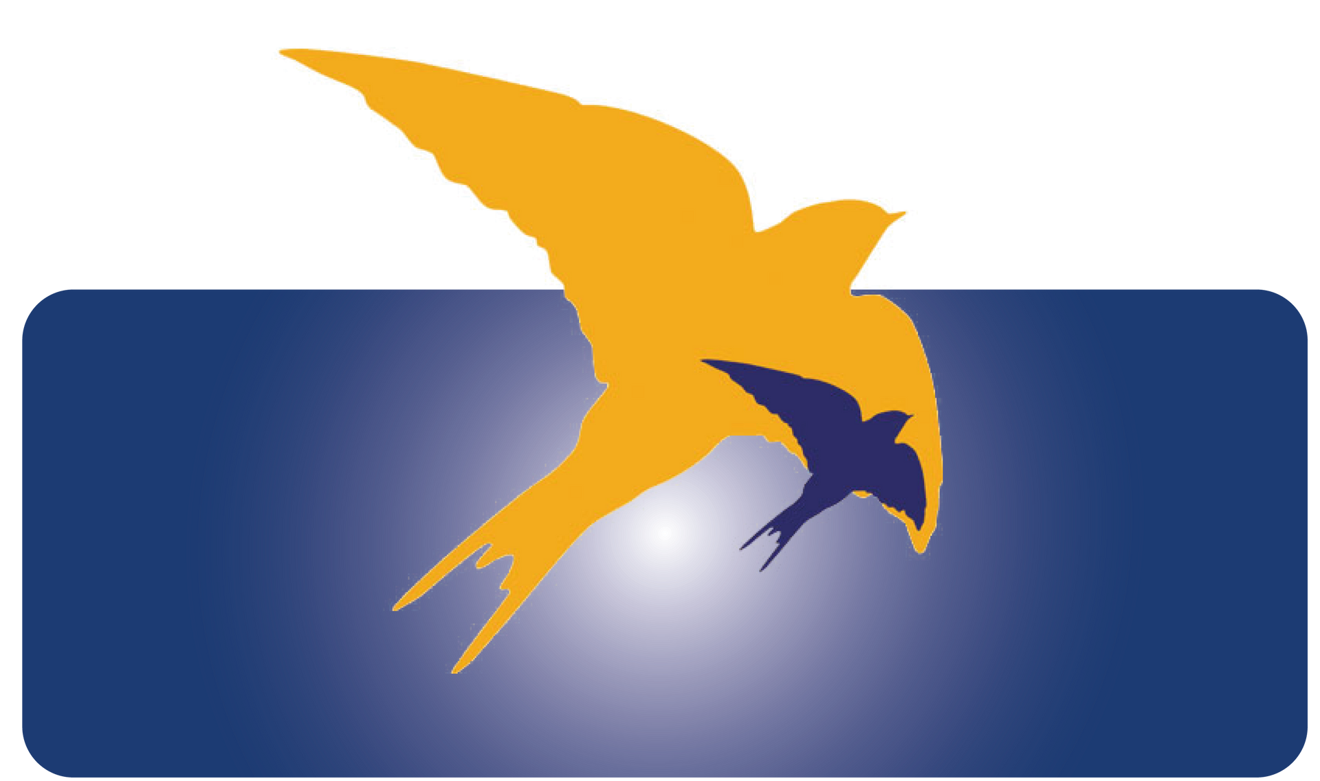 Blaues abgerundetes Rechteck mit einer gelben Adlersilhouette über einer dunkelblauen Vogelform.