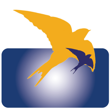 Orange und marineblaue Vogelsilhouette über einem blauen, abgerundeten Rechteck mit weißem Schein