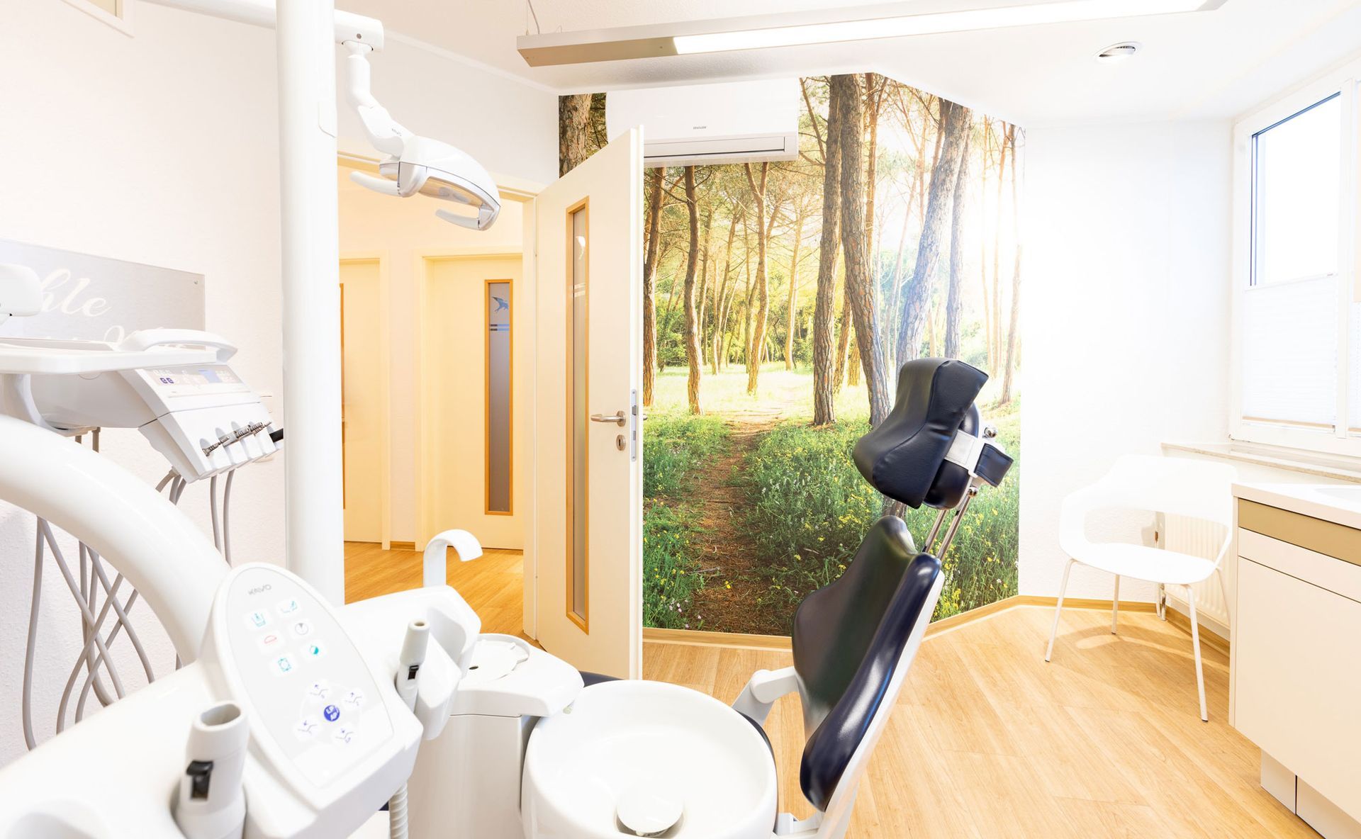 Helle Zahnklinik mit Behandlungsstuhl, Waschbecken und Waldmotiv an der Wand