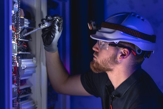 Un técnico con casco inspecciona el cableado del servidor con una herramienta en un rack de un centro de datos.