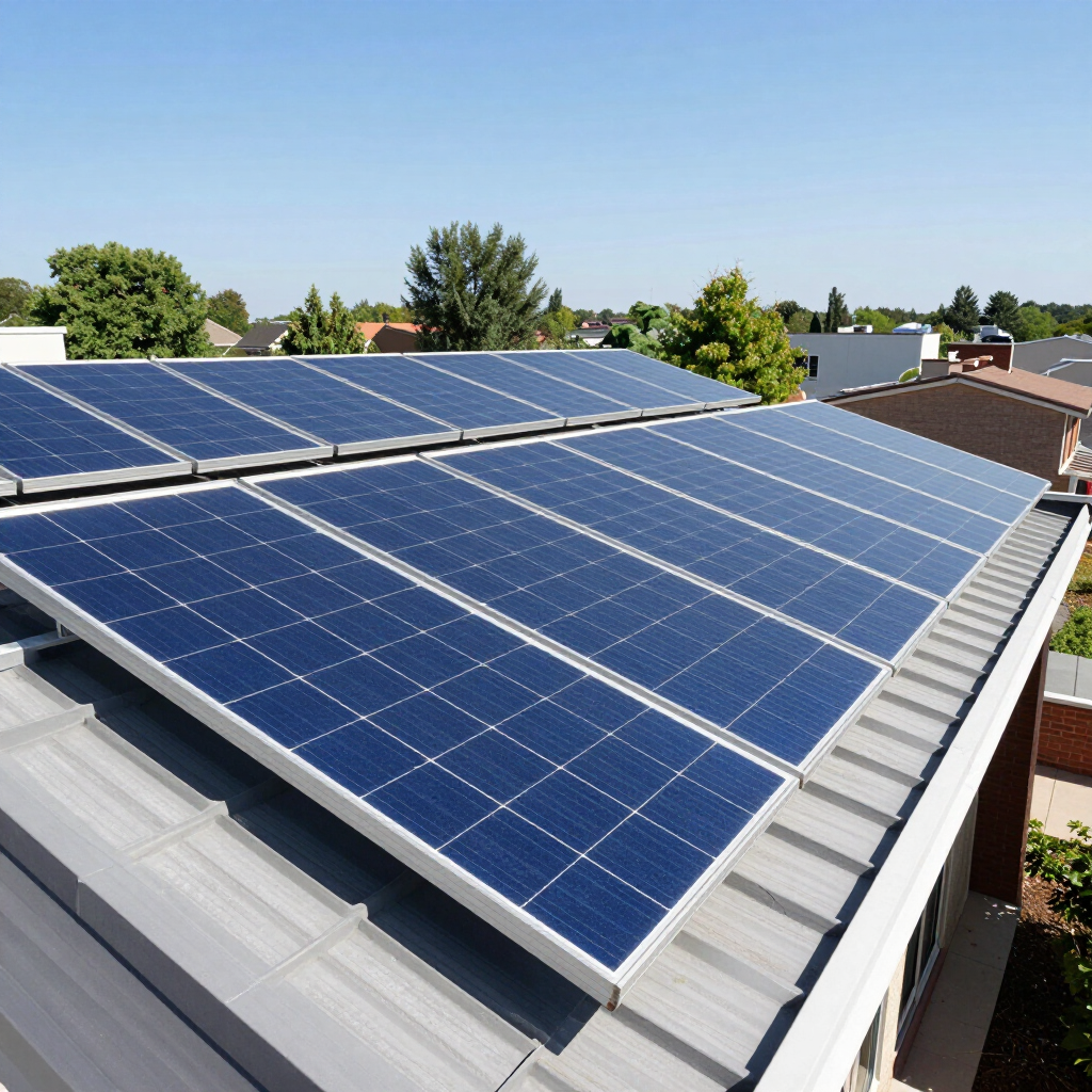 Hileras de paneles solares azules en un tejado metálico bajo un cielo despejado.