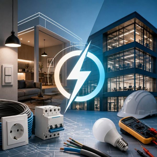 Hogar y oficina modernos con aparatos eléctricos, herramientas y un icono de energía brillante.