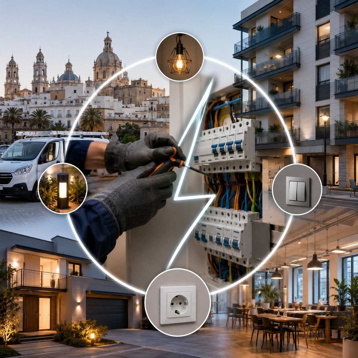 Gráfico de energía de una casa moderna con herramientas eléctricas, paneles eléctricos y una casa iluminada al anochecer.