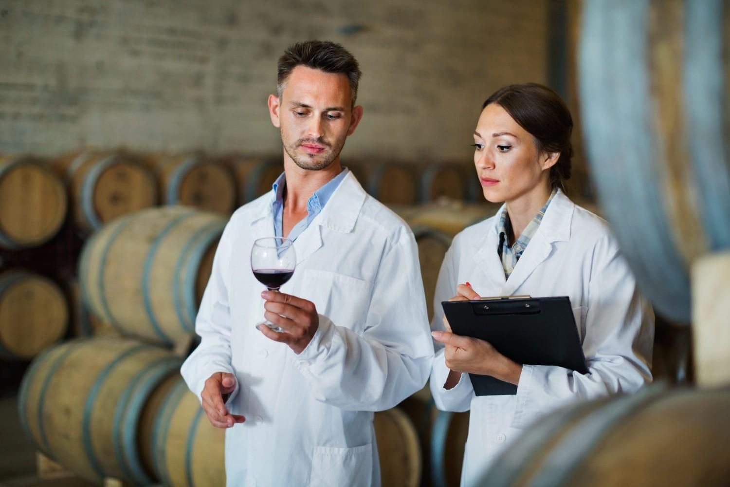 Dos profesionales con batas blancas de laboratorio analizan una copa de vino en una bodega llena.
