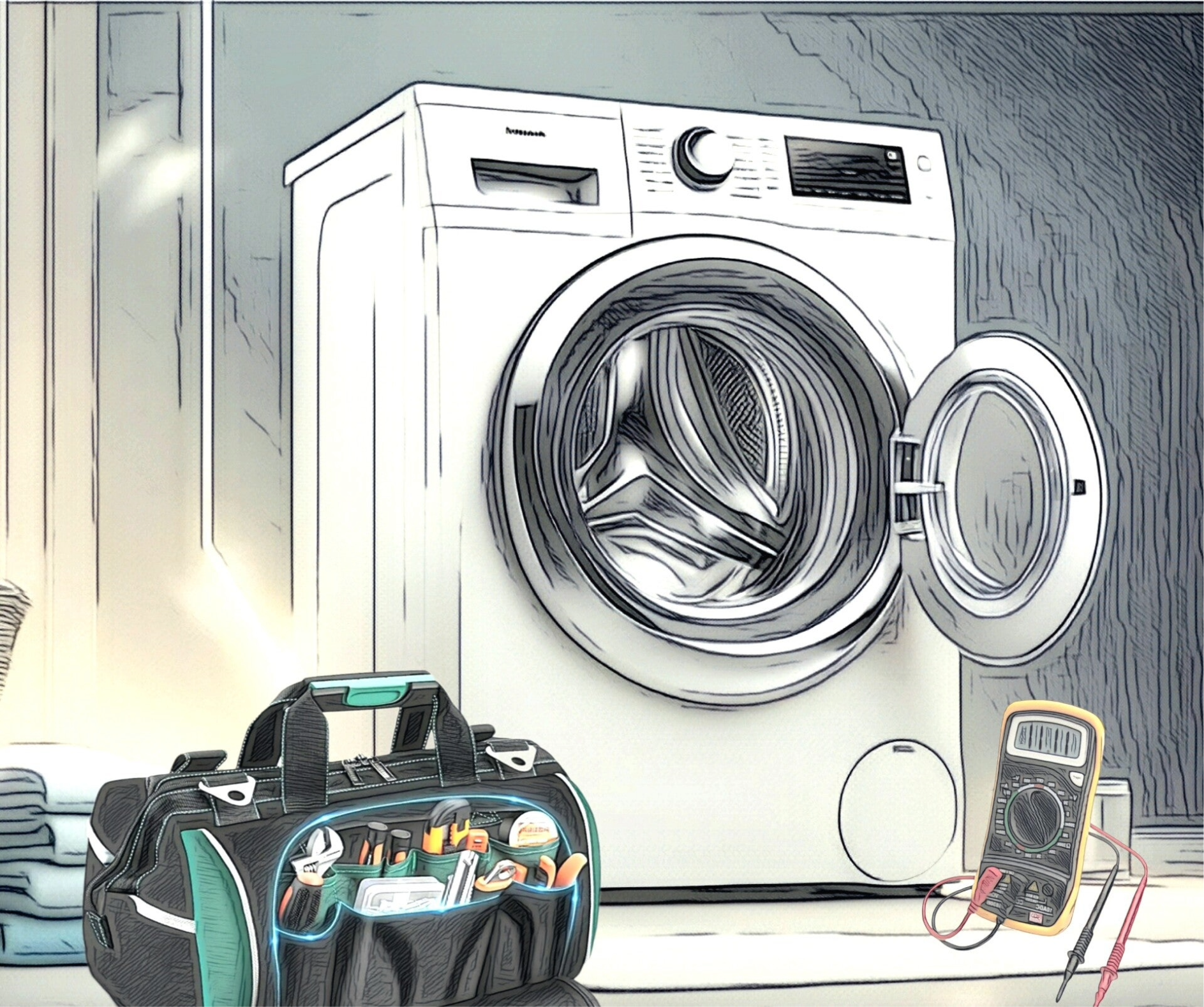 Machine à laver avec porte ouverte, boîte à outils et multimètre. Configuration de maintenance ou de réparation.