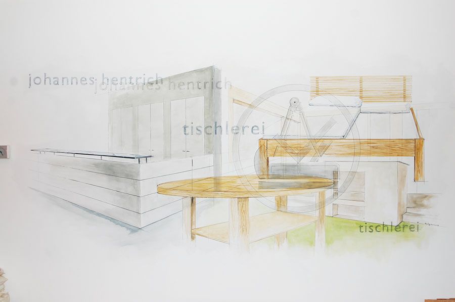 Gezeichnetes Bild der Johannes Hentrich Tischlerei mit einem Doppelbett, Tisch und einer Theke