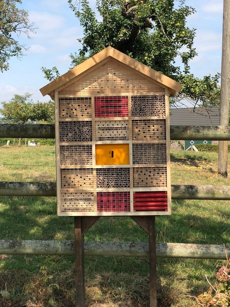 Insektenhotel aus Holz mit abschraubbarer Metall-Gitterfront zum Schutz vor Vögeln. Aufgestellt vor einem Holzzaun