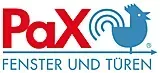 Ein Logo für Pax Fenster und Türen mit einem blauen Vogel auf einem Stock.