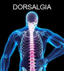 Ilustración de una espalda y una columna vertebral brillantes, con la palabra «DORSALGIA» encima.