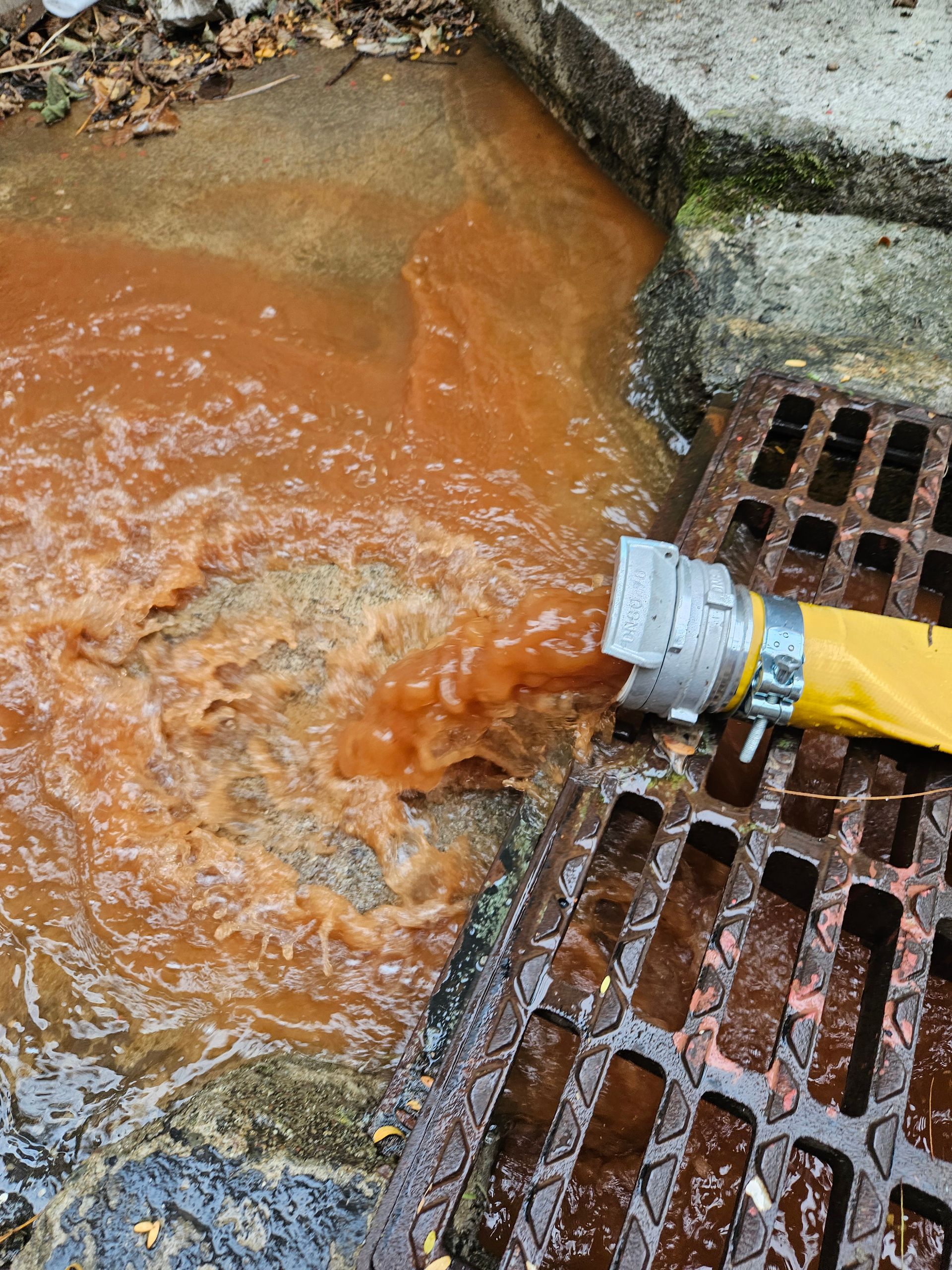 De l'eau brune et trouble s'écoulant d'un tuyau jaune dans un égout pluvial