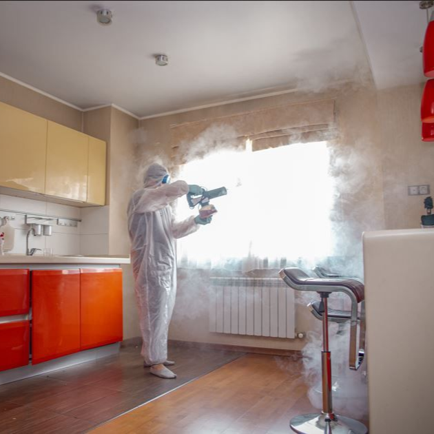 Trabajador de control de plagas con traje protector rociando el piso de una cocina, con insectos marrones cerca.