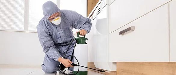 Un hombre con un traje de protección está rociando una habitación con un pulverizador.