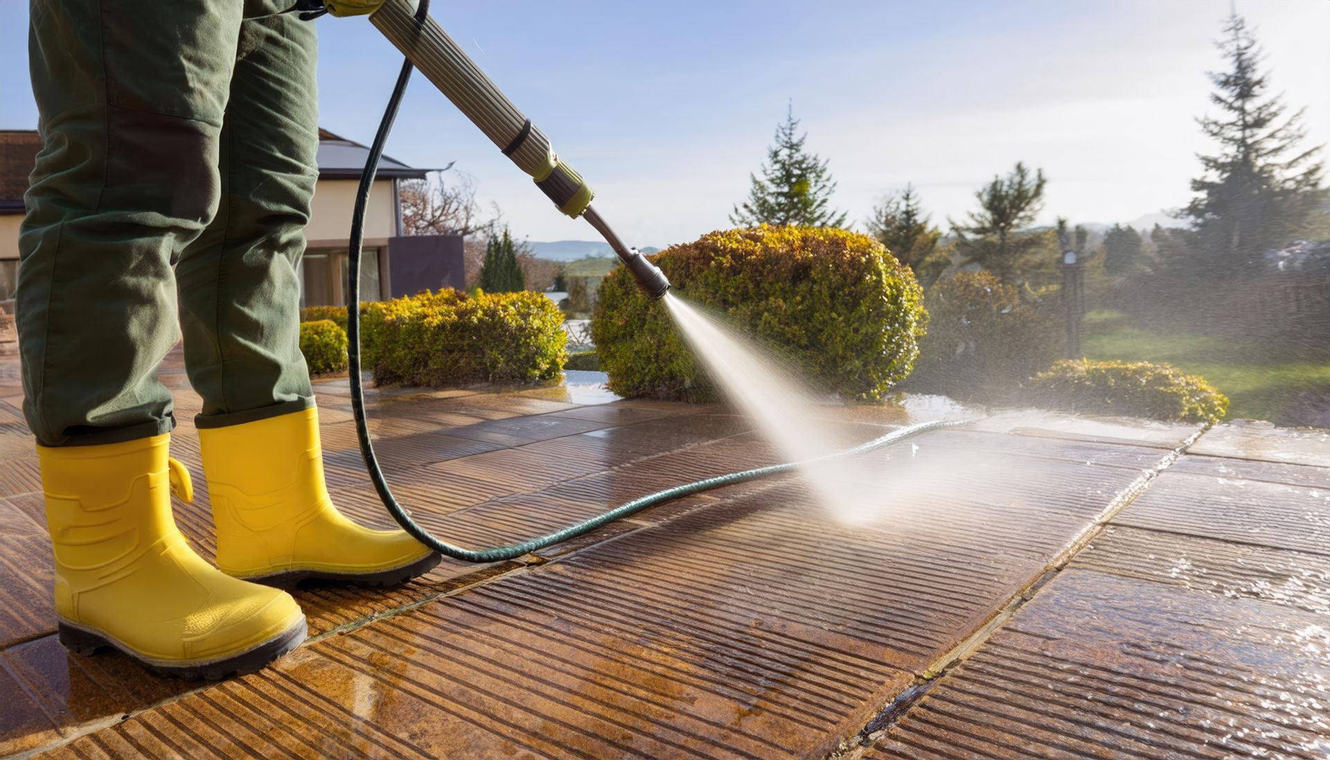 Personne qui nettoie une terrasse
