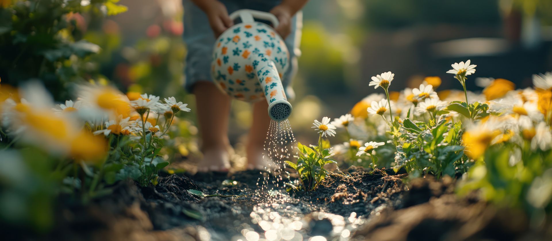 Un enfant utilise un arrosoir à motifs.