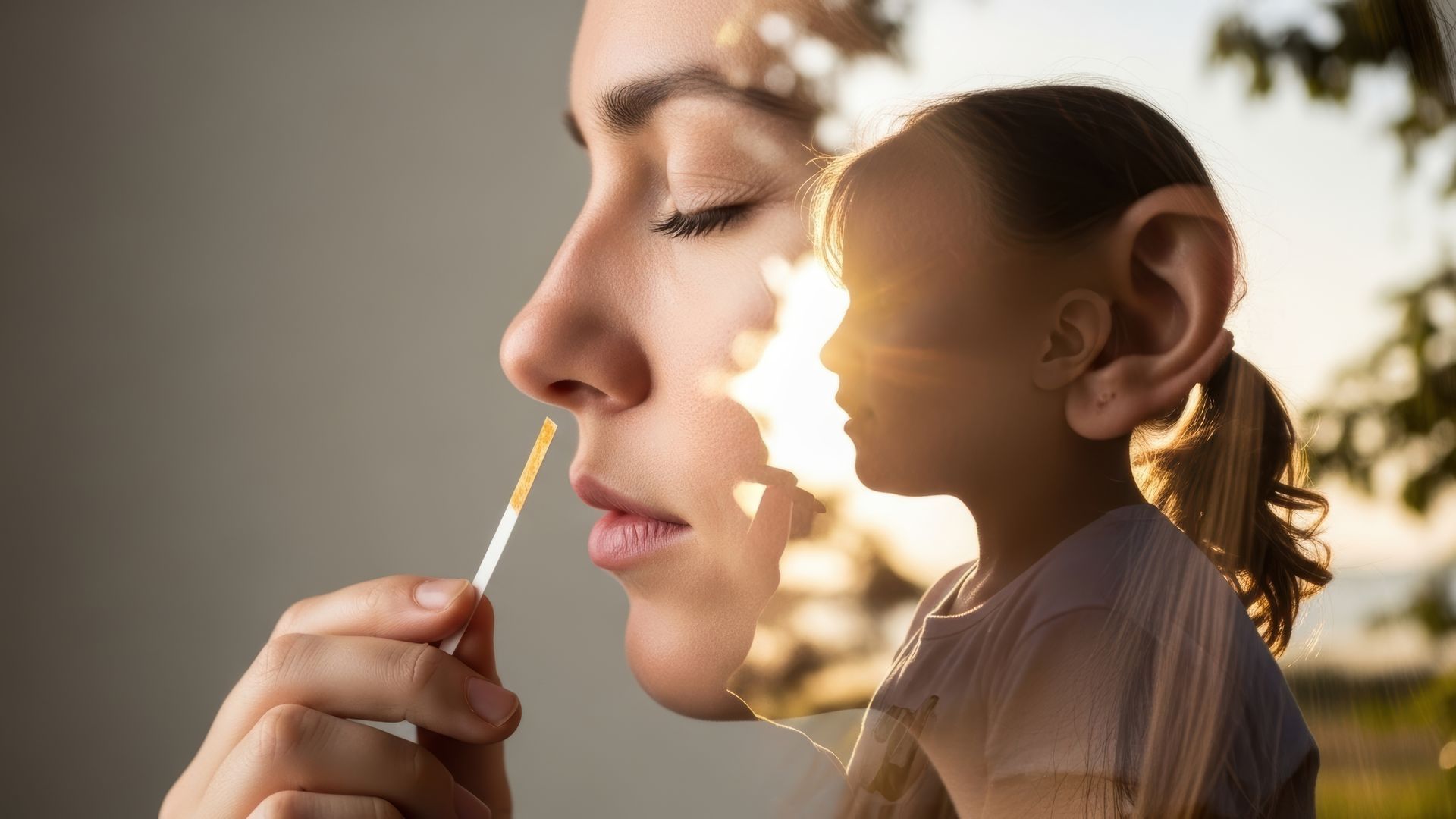 Montage d'une femme dont une odeur lui rappelle l'enfance, avec l'apparition d'une petite fille sur la droite.