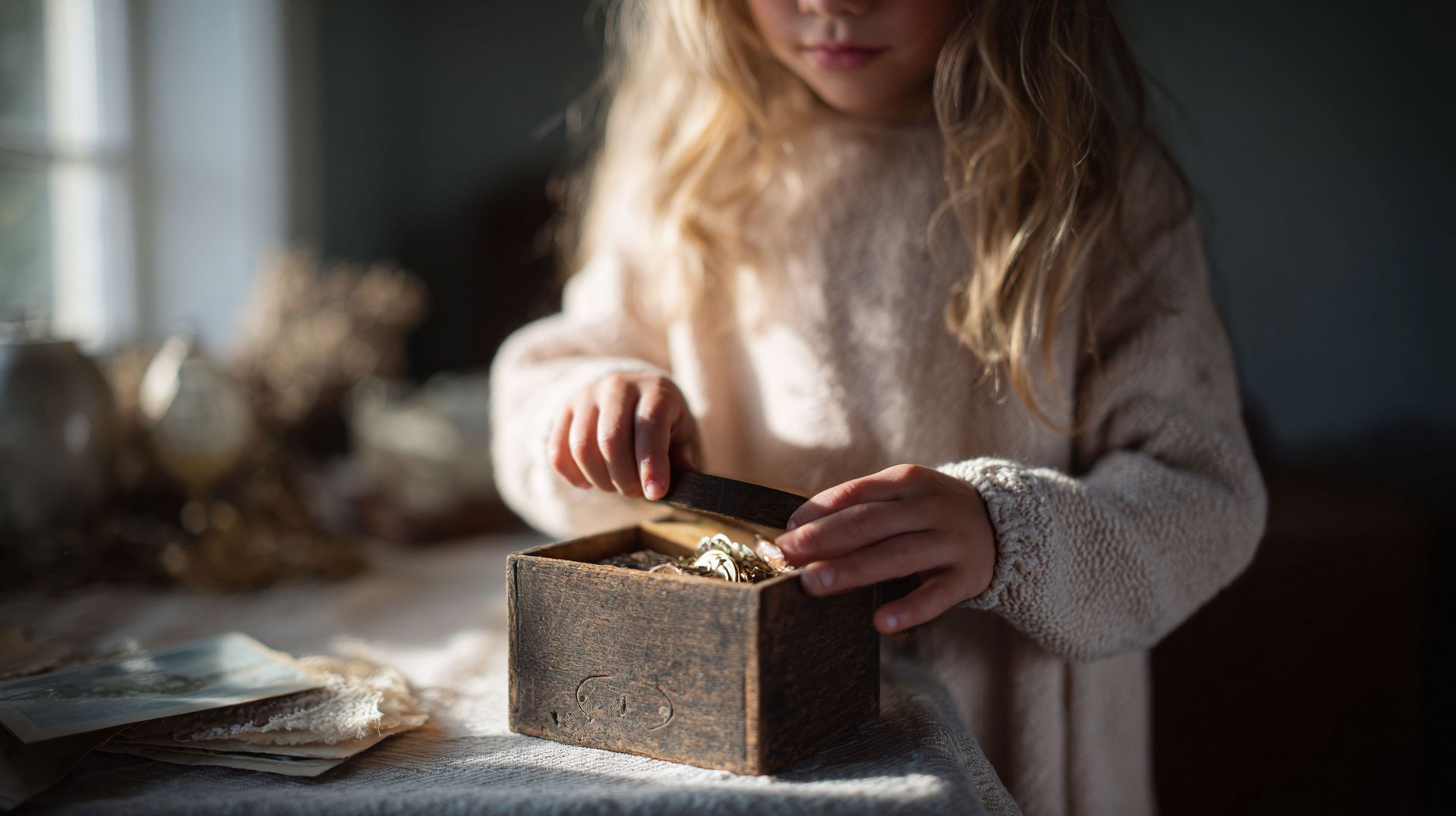 Une petite fille ouvre une boîte en bois rustique sur une table ensoleillée.