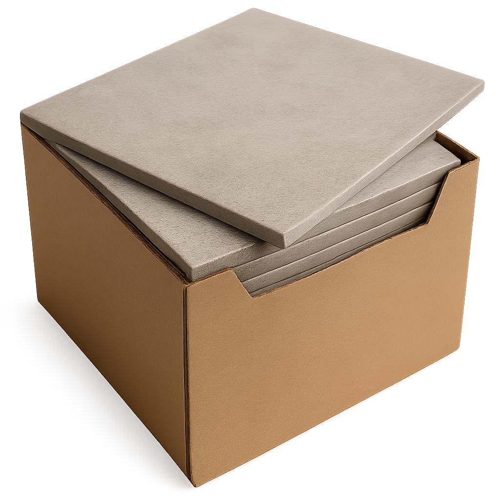 Boîte en carton contenant plusieurs carreaux rectangulaires beiges.