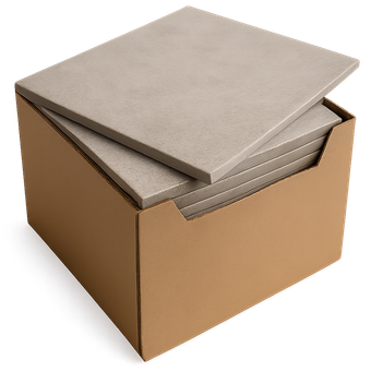 Boîte en carton contenant plusieurs carreaux rectangulaires beiges.