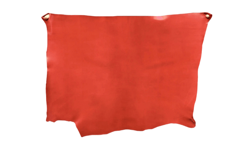 Piel de cuero rojo con bordes irregulares, extendida sobre un fondo blanco.