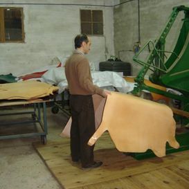 Un hombre está de pie junto a un gran trozo de cuero.
