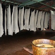 Un montón de cuero blanco colgando del techo al lado de un recipiente con líquido.
