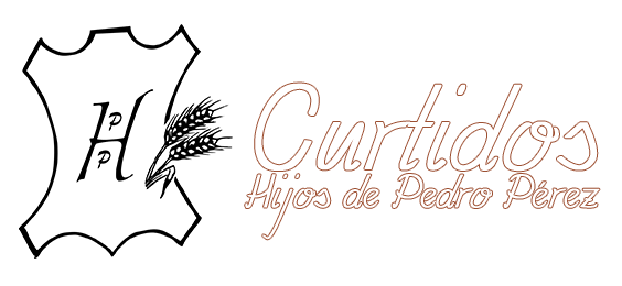 Logo reading &ldquo;Curtidos Hijo de Pedro P&eacute;rez&rdquo; in pale brown script on a white background