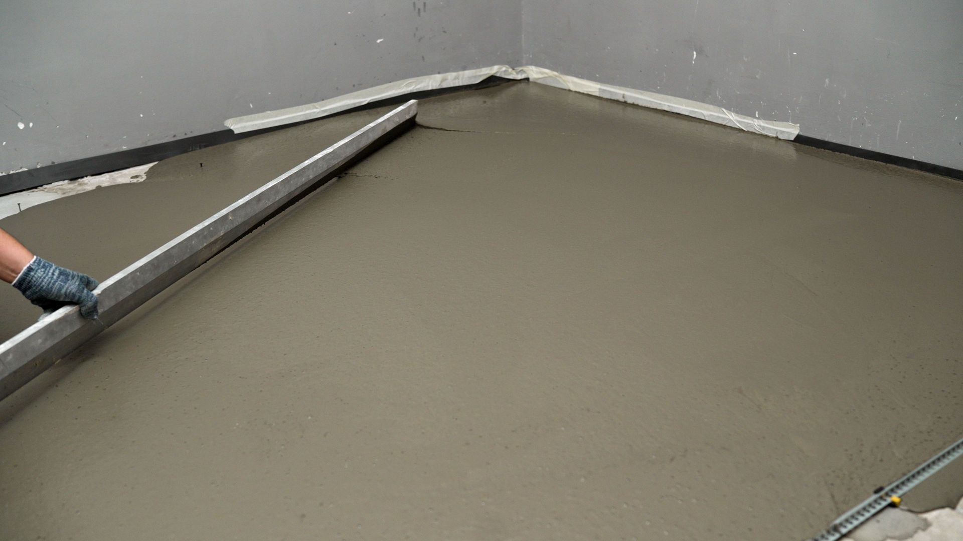 Sol en béton gris fraîchement coulé, avec des bordures métalliques, dans une pièce en travaux