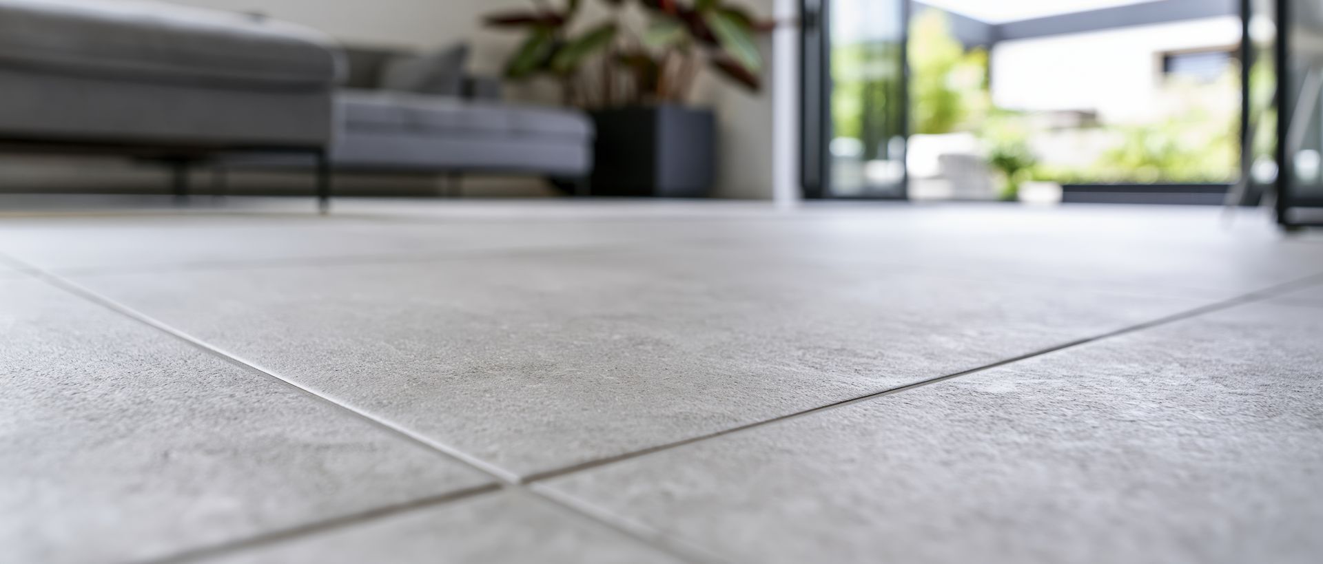 Vue en contre-plongée d’un sol carrelé gris dans un espace intérieur moderne, avec des plantes et de grandes fenêtres en arrière-plan