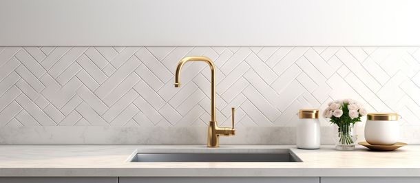 Évier de cuisine moderne avec robinet doré, crédence blanche à motif chevrons et décoration de comptoir