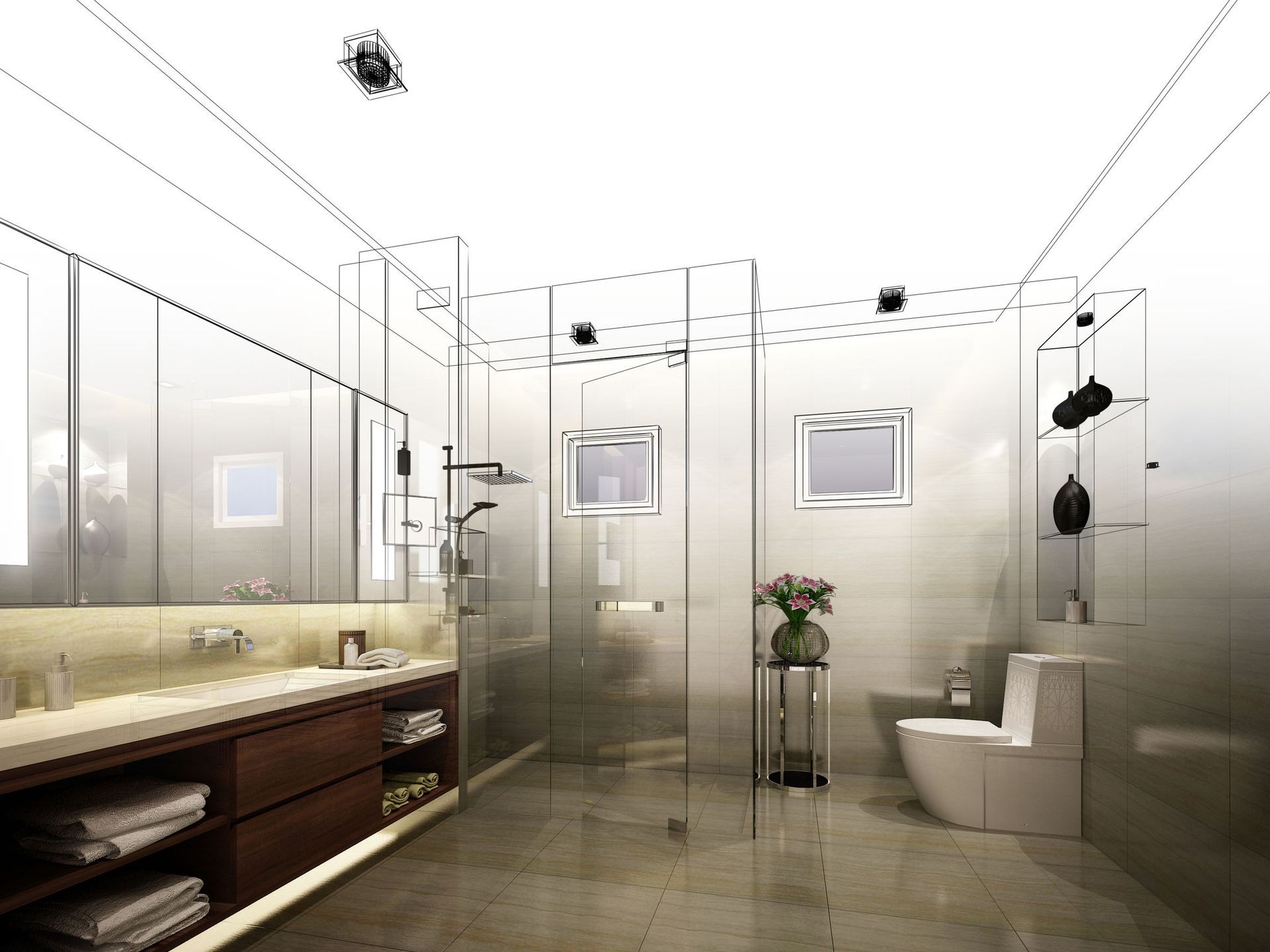 Baño moderno con ducha de cristal, inodoro y tocador con gabinetes; esquema de colores neutros claros.