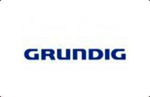 Logotipo de Grundig en texto azul sobre fondo blanco.