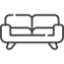Icono de sofá con dos cojines y patas en ángulo.