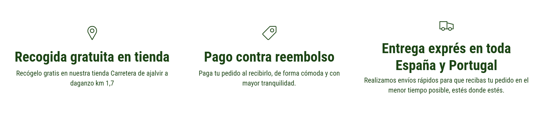 Tres ventajas de envío: recogida gratuita, pago contra reembolso y entrega en 24–72 horas en toda España y Portugal.