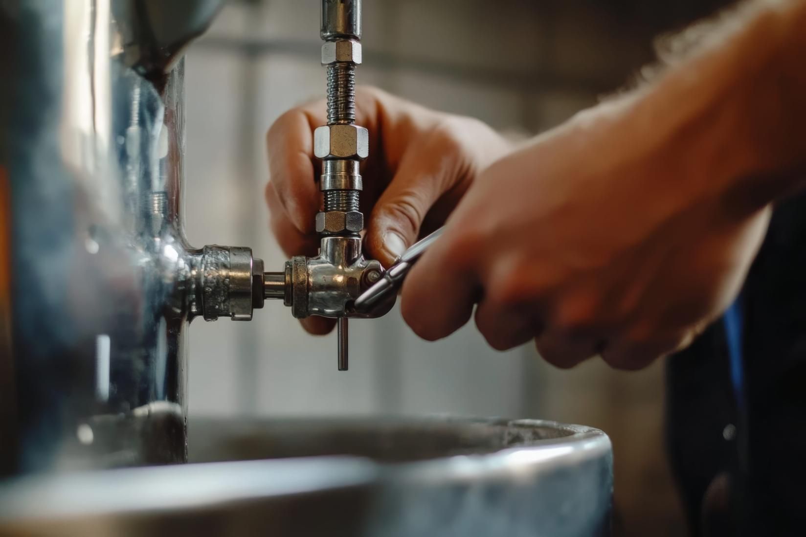 Manos usando una llave inglesa para apretar una válvula de tubería junto a un lavabo bajo el agua corriente.
